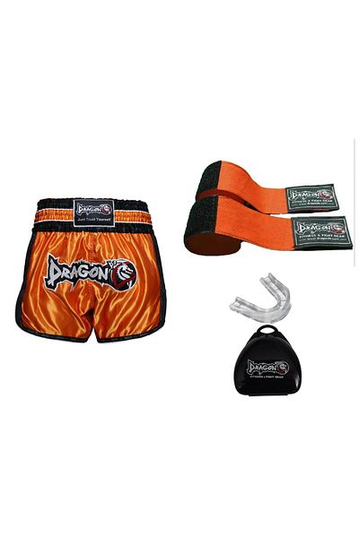 Dragondo Dragon Retro Muay Thai Shorts - 3.5 Mt Bandage and Transparent Mouthguard Kickboxing Set of 3