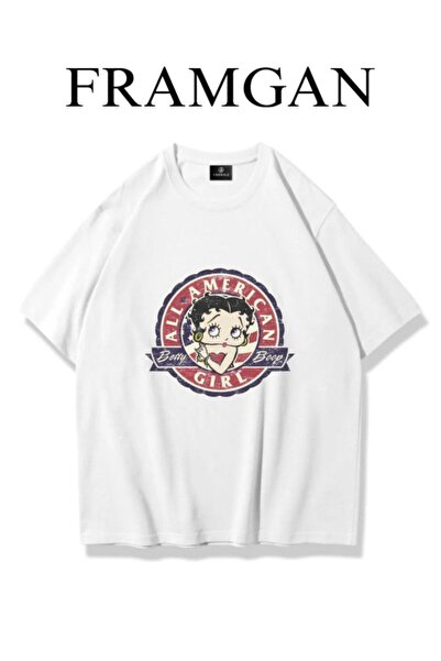 Framgan تيشيرت أبيض مطبوع صورة فتاة أمريكية بالكامل للنساء