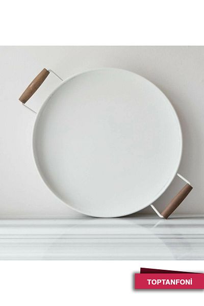 Bestofhome Galvanized White Wooden Round Tray with Handle 37 cm