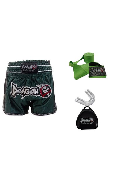 Dragondo Pantaloni scurți Dragon Retro Muay Thai - Set de 3 bandaje de 3,5 mt și apărători de gură transparente Kickboxing