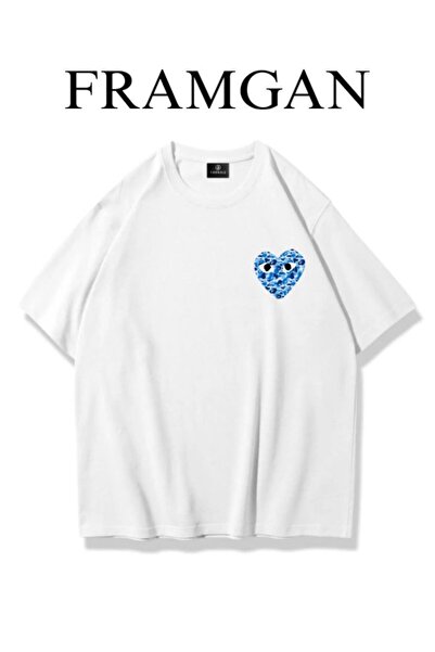 Framgan Unısex Bape Kalp Baskılı Beyaz T-Shırt