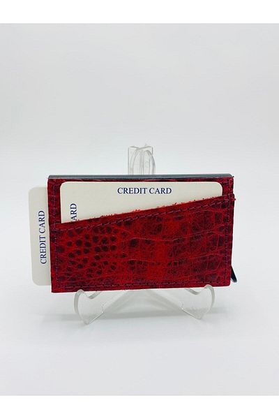 Atölyezümra Mechanical Card Holder with Genuine Leather Sheath (Red Printed)