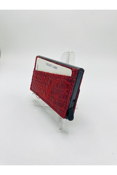 Atölyezümra Mechanical Card Holder with Genuine Leather Sheath (Red Printed)