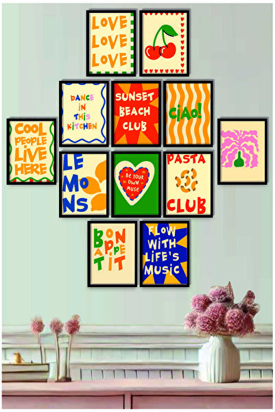 UNT Çerçeve Baskılı Eğlenceli, Abstract,  Minimalist, Modern Yiyecekler ve Mutfak Dekoru 12 li Set Tablo