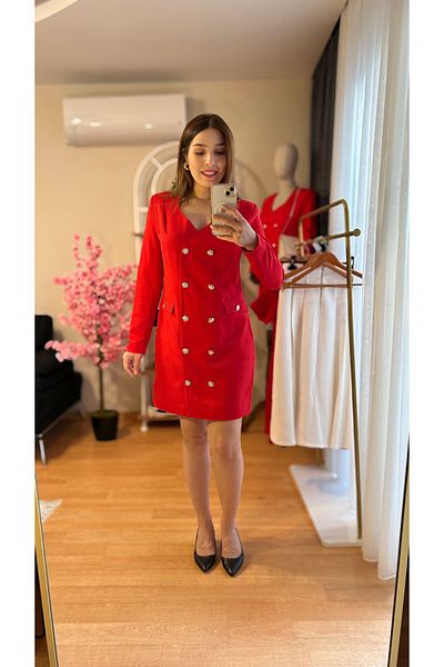 Fidan Women's Spring Red Jacket Dress Lined Gold Button 90cm(Prefer Your Own Size)