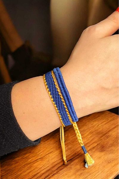 Atölye Olcay Eser Macrame Knitted Blue Mustard Handmade Design Unisex Double Set Bracelet