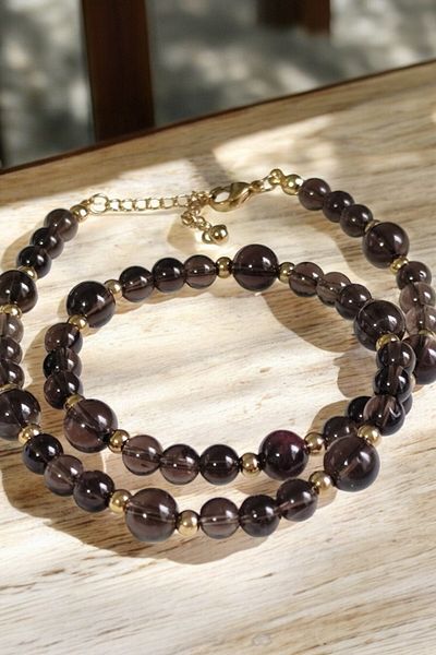 DİAVENTA TAKI VE AKSESUAR Smoky Quartz Design Steel Natural Stone Set