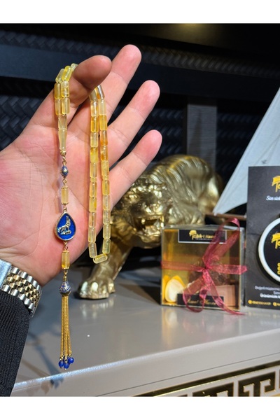 Tesbih-i Hazır Tesbihçilik Damla Kehribar Tesbih  14K Altın Kaplama Mineli Özel Bozkurt Simge püskül Tasarımlı