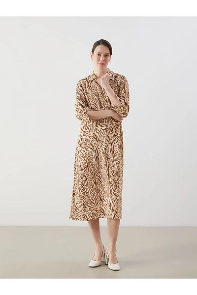 LC Waikiki Grace Beige Shirt Collar Print A-Line Women's Dress