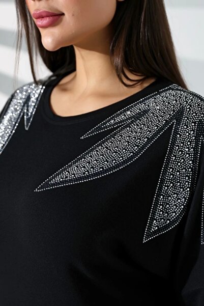 Bİ.GİYSEN Black Lycra Buluz - Leaf Crystal Stones, Crew Neck Shoulders