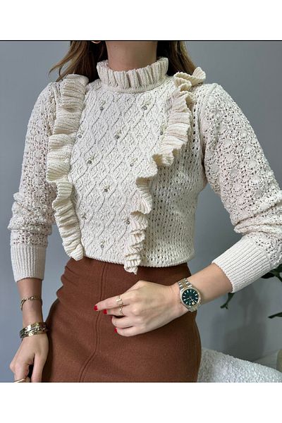 jöns since 1997 Pulover crem elegant pentru damă, cu guler în picioare, cu piatră de perle