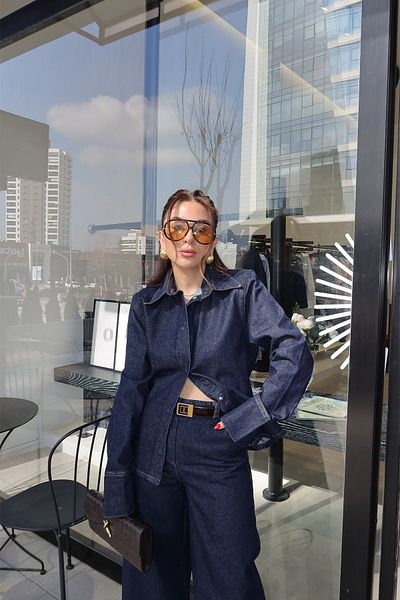 Özge Özgenç Contrast Stitched Denim Suit with Padded Shoulders