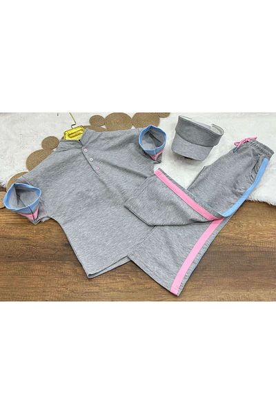 Kuzeyi Butik Female Child Oversize Thisor Sports Tracksuit Set with Patchwork Embroidery Tennis Hat