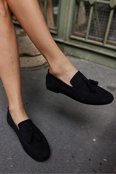 ANGELİNA JONES Albares Women's Black Real Suet Tassel Loafer
