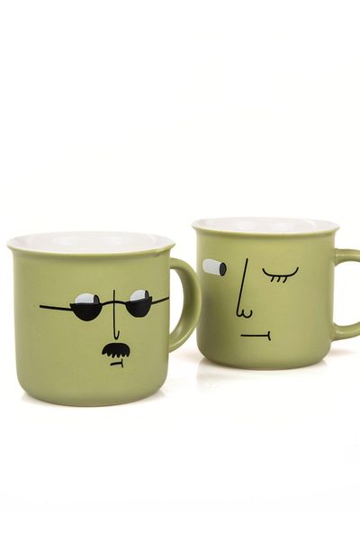 MUKKO HOME Modern Stylish Green Porcelain Mug Set of 2 in 1, 350ml Minimalist Design