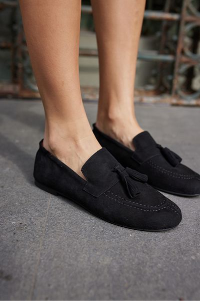ANGELİNA JONES Albares Women's Black Real Suet Tassel Loafer