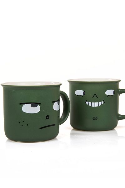 MUKKO HOME Modern Stylish Green Porcelain Mug Set of 2 in 1, 350ml Minimalist Design
