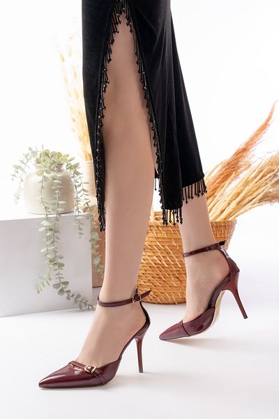 HERUS Charm Pointed Toe Metal Buckle Band Detailed Back Open Stiletto Heeled Women's Shoes