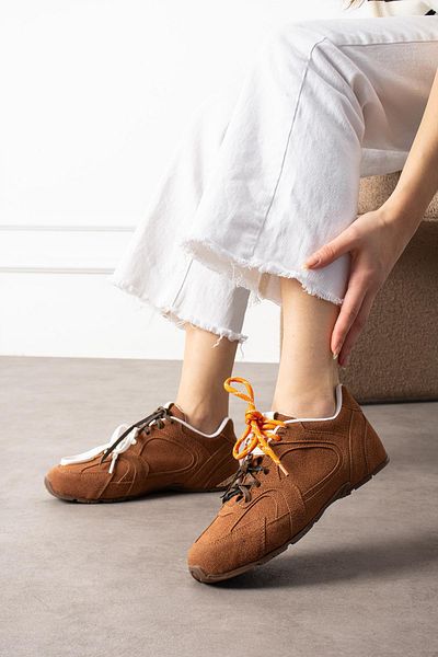 ShoeTek Pantofi de damă Wangca - Pantofi sport cu șireturi, culoare dublă, piele de căprioară maro