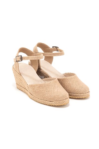 Star Tombis Handmade Linen Straw Espadrille - Real Handmade, Open Heel Ankle Strap Wedge Heel