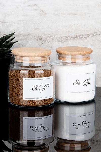 Dolkin Home Set of 2 500 ml Wooden Vacuum Lid Nescafe/Milk Powder Label Storage Container Glass Jars