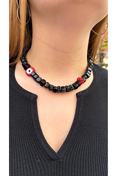 elamindunyasi Black Basement Bead and Red Evil Eye Glass Bead Necklace