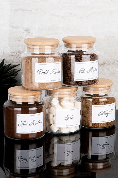 Dolkin Home 5Li 500ml Coffee Corner Set with Wooden Lid Turkish Coffee/Nescafe/Filter/Dibek/Glass Jar with Sugar Label