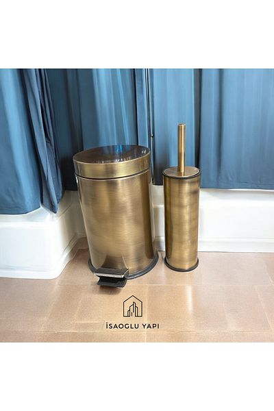 İSAOĞLU YAPI Antique Gold Dustbin and Brush Set Premium Bathroom Products