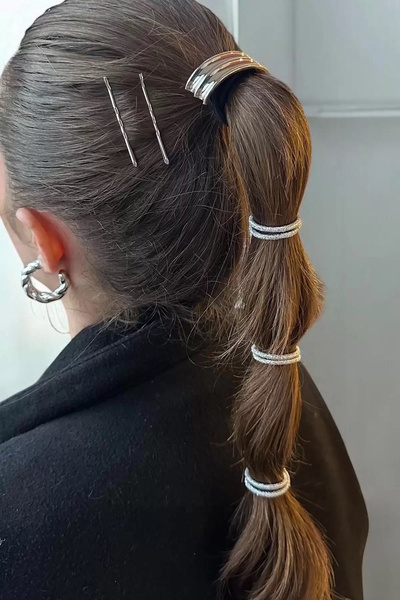 CAŞ DEKORASYON طقم مشبك مطاطي معدني فضي اللون ومشبك سلكي