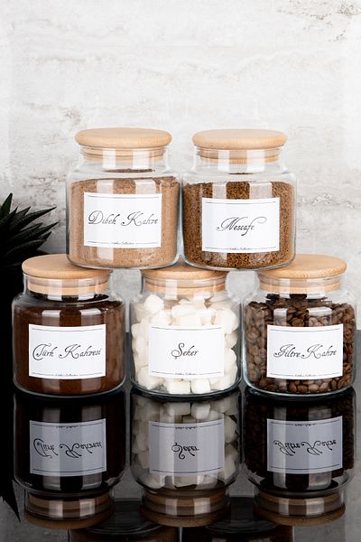 Dolkin Home 5Li 500ml Coffee Corner Set with Wooden Lid Turkish Coffee/Nescafe/Filter/Dibek/Glass Jar with Sugar Label