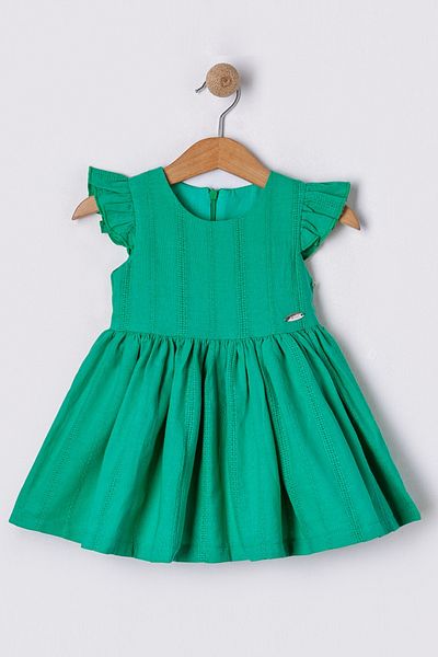 Bebüş Flounced Short-Sleeved Pleated Flared Cut Lined Green Baby Girl Dress 16102