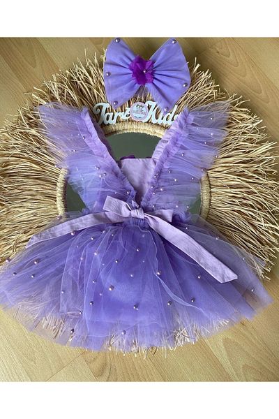 EBRU ÖZÖRGÜCÜ Girl's Tutu Salopette Dress with Pearls, Flowers and Bandana
