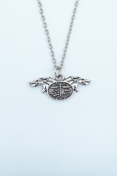 Bu Farklı Kam - Şaman Davulu Kurt Gümüş Kaplama Düz Zincir Kolye