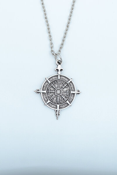 Bu Farklı Viking Vegvisir Pusula Gümüş Kaplama Düz Zincir Kolye