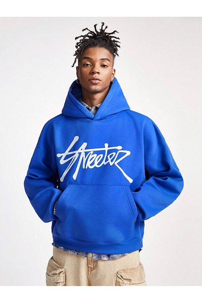 OVER HEAD Men's Saks Blue Streeter Printed 3 Thread Oversize Hoodie Sweatshirt
