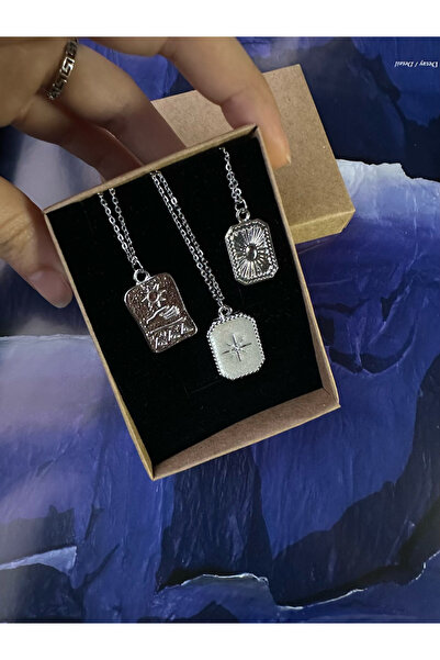 LAİKA Madalyon-Kuzey Yıldızı-Vintage Gümüş Renk 3'lü Çelik Kolye Seti kutulu ...