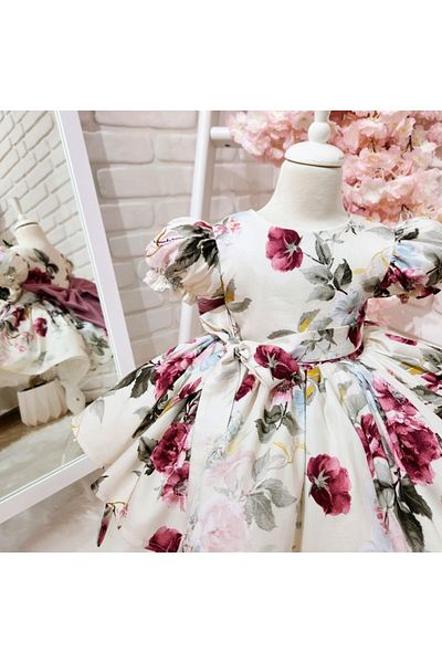 Linarookids Cream Burgundy Vintage Baby Girl Dress, Birthday, Photo Shoot Dress, Suitable for Ages 0-13