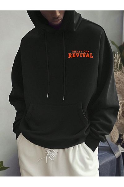 OVER HEAD Men's Black Revival Printed 3 Thread Oversized Hoodie Sweatshirt