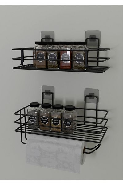 VİKİHOUSE Strong Adhesive Spice Rack 2 Li Metal Paper Towel Holder Black Spice Stand Kitchen Shelf