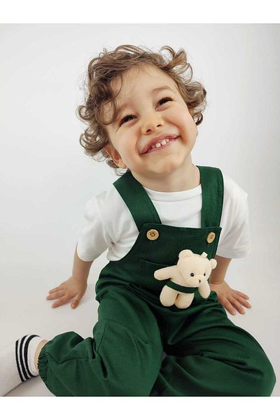 GAMZEAKKUŞ Short Sleeve T-Shirt and Teddy Bear, Adjustable Strap Length Salopet Jumpsuit 2-Piece Girl-Boy Set