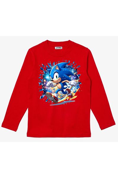 Efendioğlu Design Children's Long Sleeve Running Sonic Printed Cotton T-Shirt