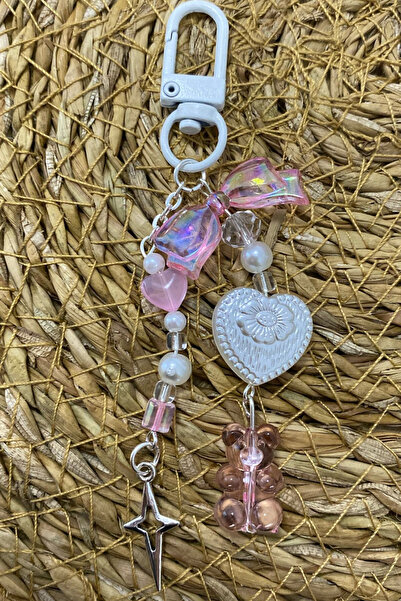 MedBlack Jewelry Pembe Fiyonk ve Yıldızlı Zincir Detaylı Kalp Klipsli Charm Ç...