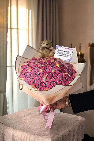 Zemtigo Büyük Boy Led Işıklı Ayıcıklı Pembe Kelebek Buketi Sevgiliye Hediye Ö...