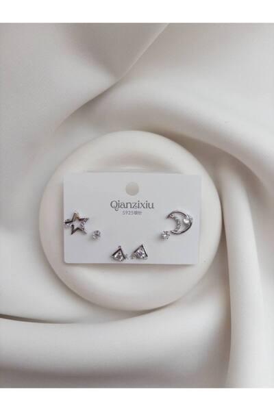 Minne Jewelry-Accessory Gümüş Renk Üçlü Küpe - Ay Yıldızlı Üçlü Küpe - Gümüş Renk Üçlü Küpe