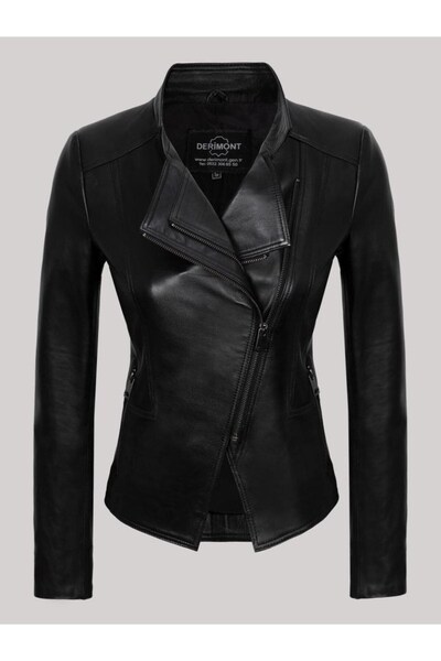 DeriWork Hakiki Kuzu Derisi Çift Fermuarlı Yandan Cepli Kadın Deri Mont Siyah