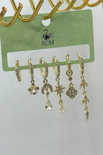 DEMOKAN أقراط نسائية مستوردة من سلسلة الزركون الكاملة مكونة من 6 قطع من نجمة ...