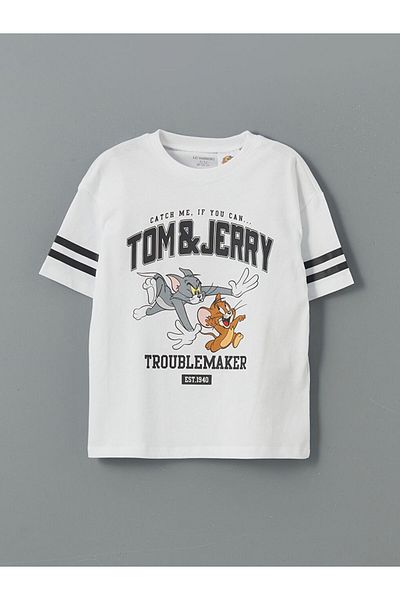 LC Waikiki White Crew Neck Tom and Jerry Printed Boys' T-Shirt