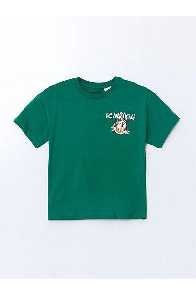 LC Waikiki LCW Kids Green Crew Neck Nostalgic Monkey εμπριμέ χτενισμένο βαμβακερό μπλουζάκι για αγόρι