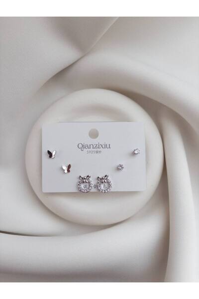 Minne Jewelry-Accessory Çiçekli Kelebekli Üçlü Küpe - Gümüş Renk Üçlü Küpe - Çiçekli Kelebekli Üçlü Küpe