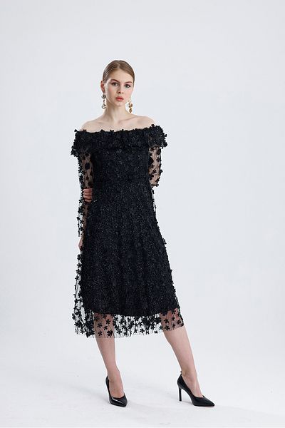 ADASTYLE Φόρεμα με τρισδιάστατο λουλούδι, βραδινό φόρεμα με γιακά Degaje